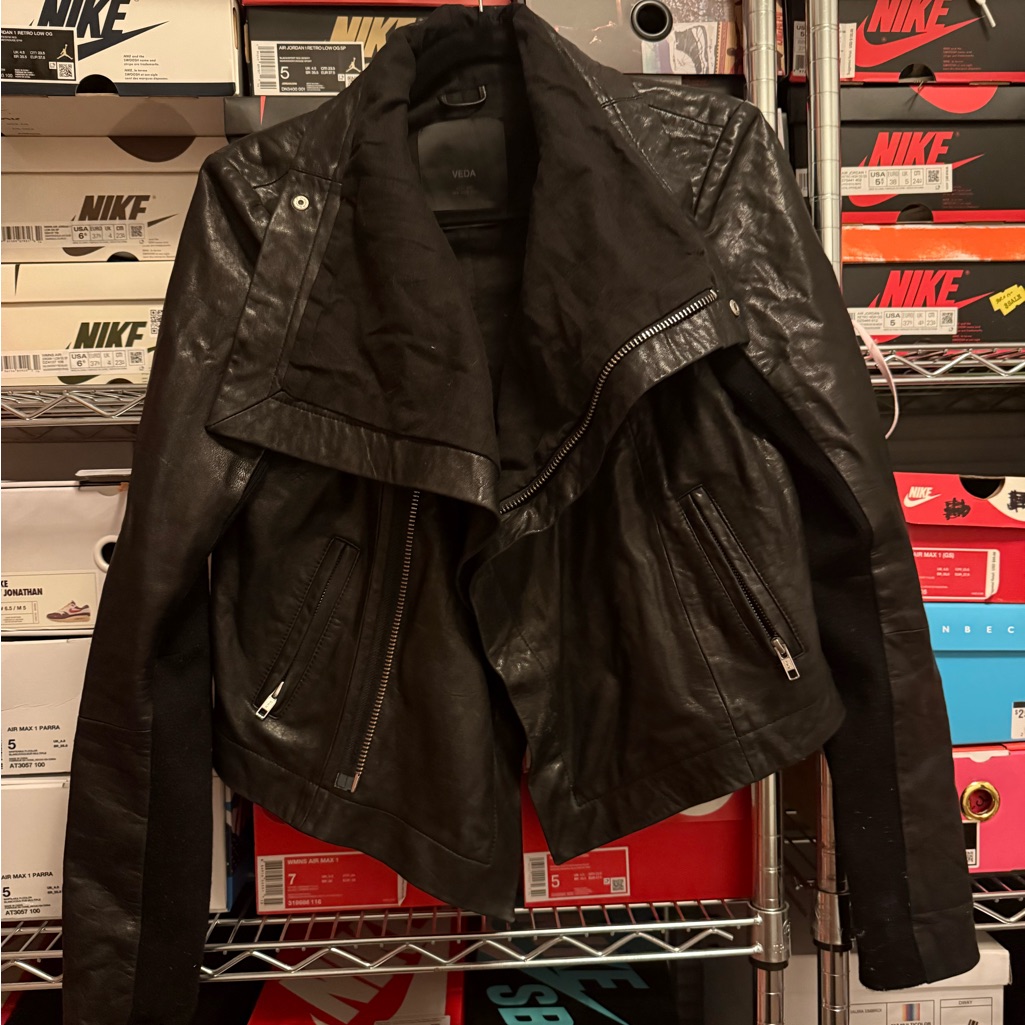 Veda Black Leather Moto Jacket With Asymmetrical Design
